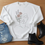 Floral Face Line Art Sweatshirt, Boho Women's Crewneck