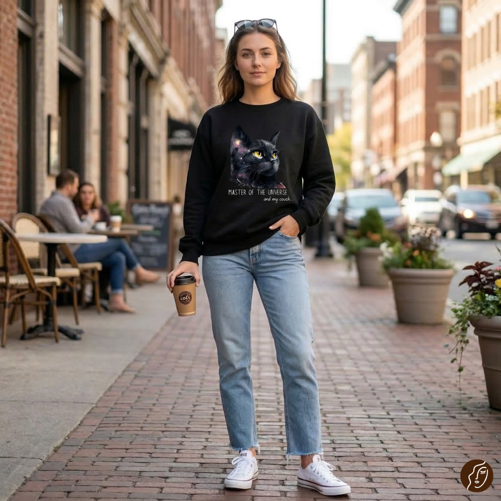 slightly relaxed Femmaura black cat sweatshirt to create a balanced silhouette with jeans.