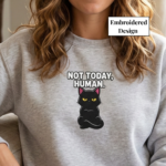 Embroidered Black Cat Sweatshirt, Introvert Humor Crewneck, Cat Mom Cozy Gift